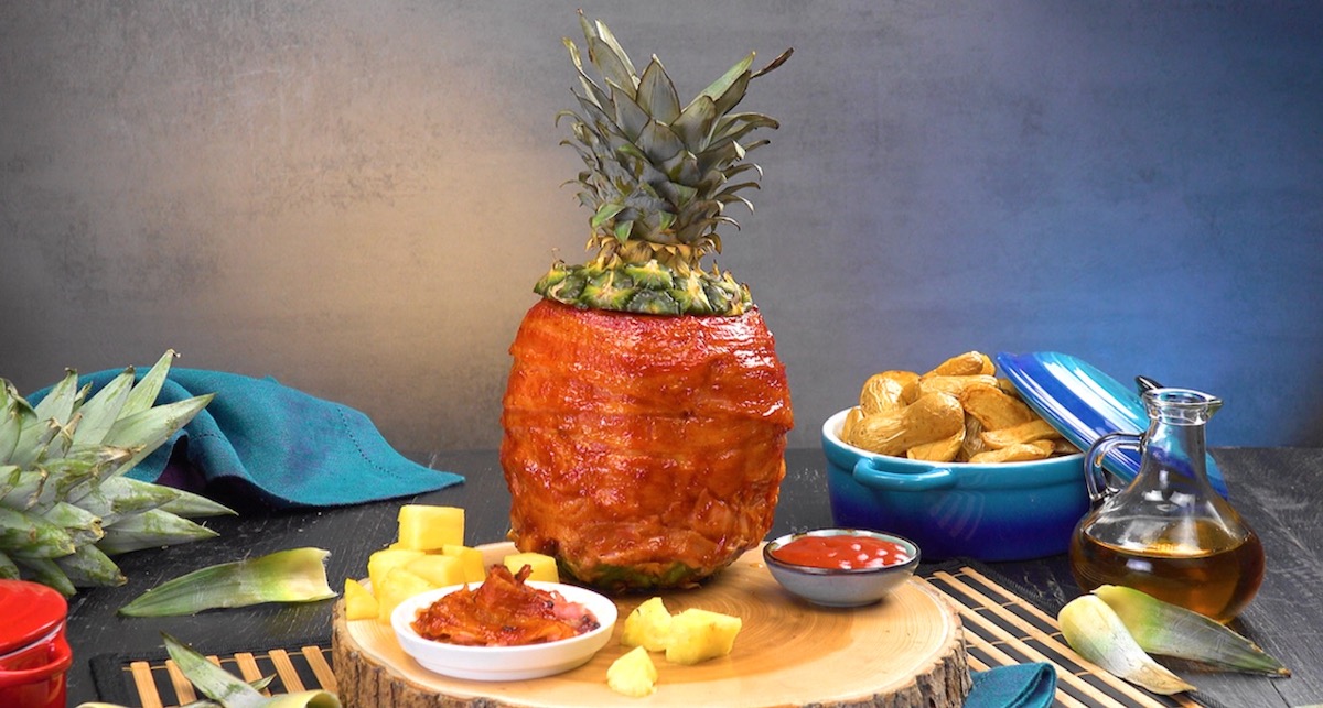Swineapple: BBQ Bacon Pineapple Stuffed With Marinated Chicken