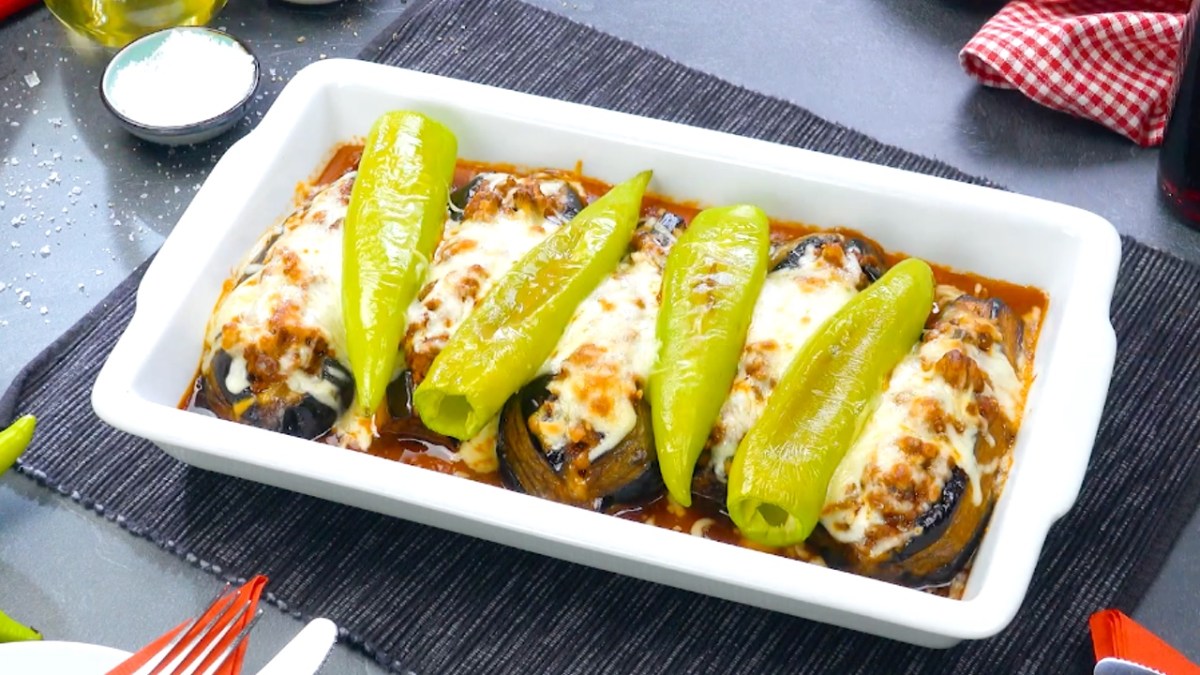 Fried Eggplant Casserole with Ground Beef and Banana Peppers
