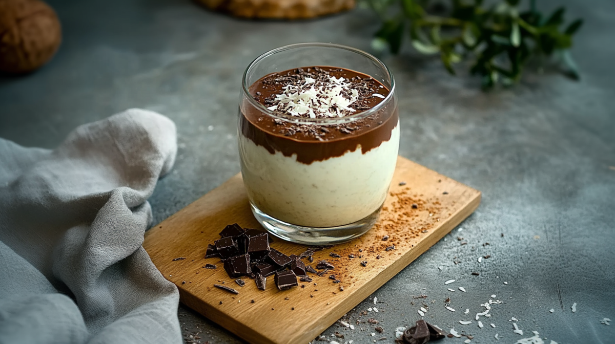 A glass of Mounds overnight oats, topped with a layer of dark chocolate and sprinkled with shredded coconut. The glass sits on a wooden board with chopped dark chocolate on it. A kitchen towel is draped next to the board. In the background, you can see a coconut and a green plant.