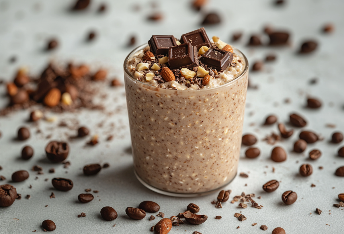 A glass of cold brew overnight oats sits on a gray surface. It is garnished with chocolate and nuts. Coffee beans and more nuts are scattered around the glass.