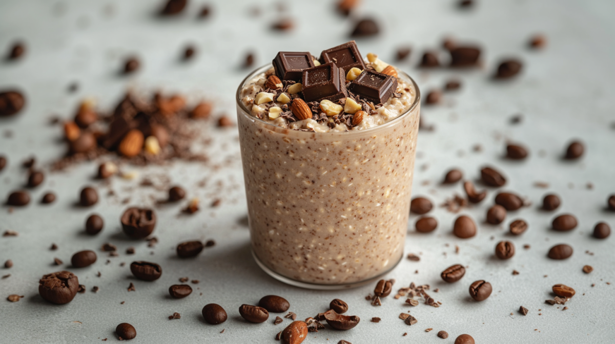 A glass of cold brew overnight oats sits on a gray surface. It is garnished with chocolate and nuts. Coffee beans and more nuts are scattered around the glass.
