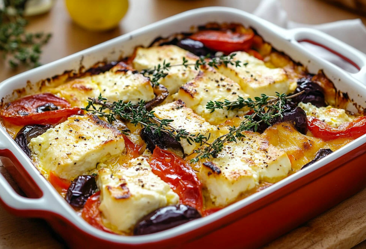 A ceramic baking dish with Greek feta bake.
