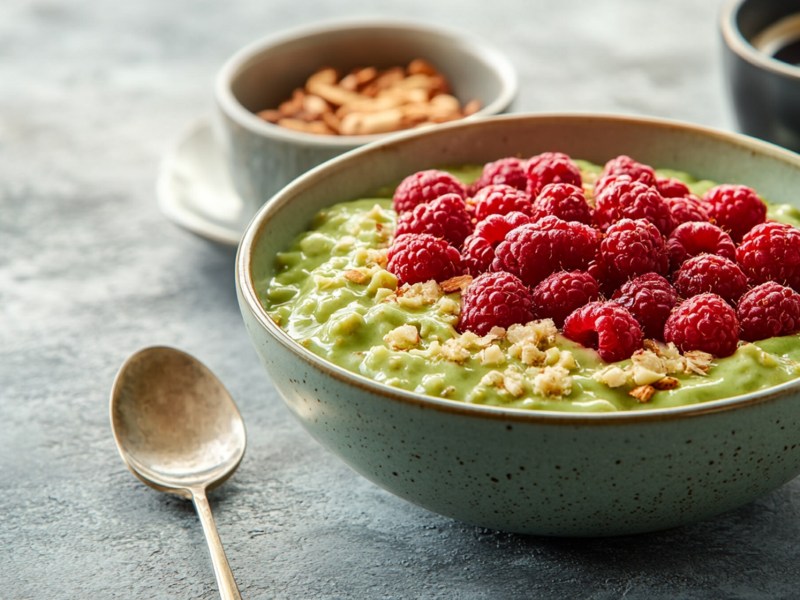 Bowl of pistachio overnight oats with raspberries on top and cup of coffee in the background
