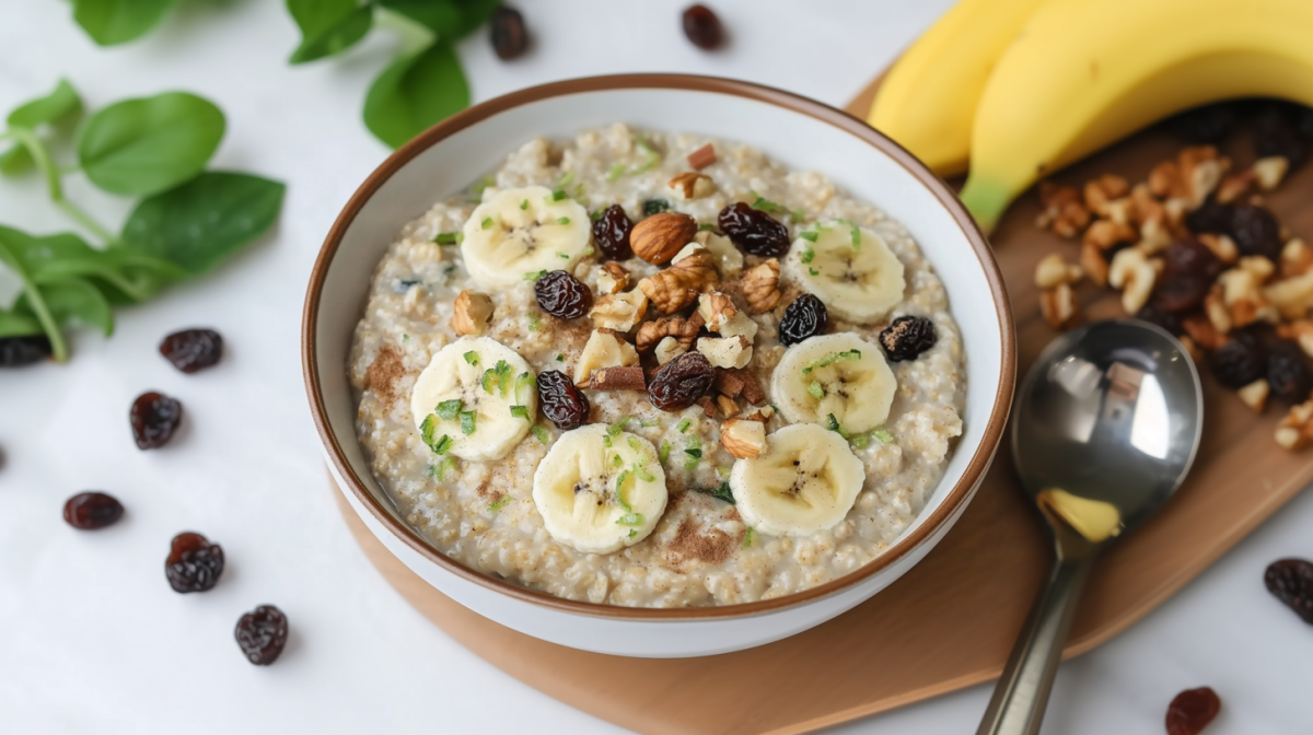 A bowl of zoats stands on a wooden board on a white table. To the right of it lies a spoon, nuts, raisins, and two bananas. To the left of the bowl are more raisins and some fresh herbs for decoration.