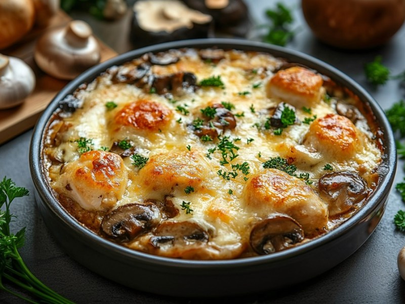 Casserole dish with chicken and mushroom casserole