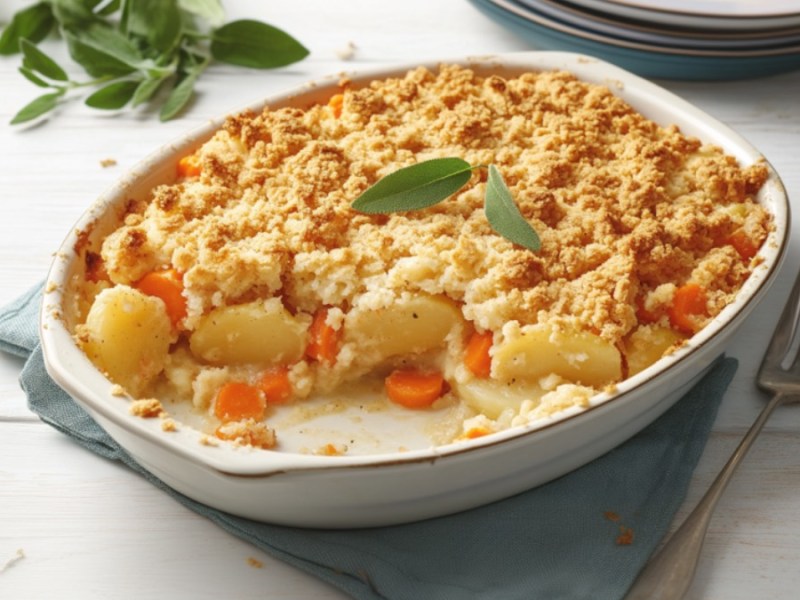 A potato and carrot casserole with a crunchy topping in an oval baking dish.