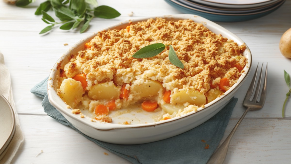 A potato and carrot casserole with a crunchy topping in an oval baking dish.