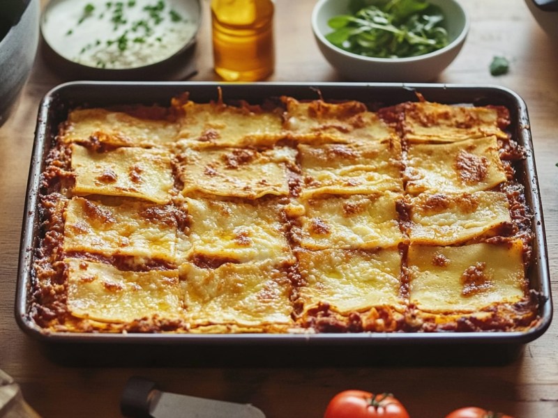 Sheet pan lasagna, surrounded by many different ingredients.