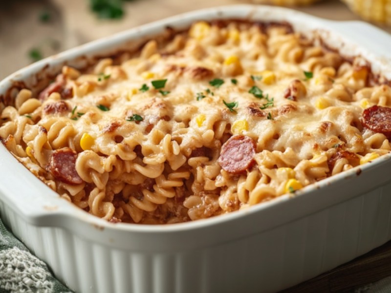 A pasta bake with salami and corn in a white baking dish.