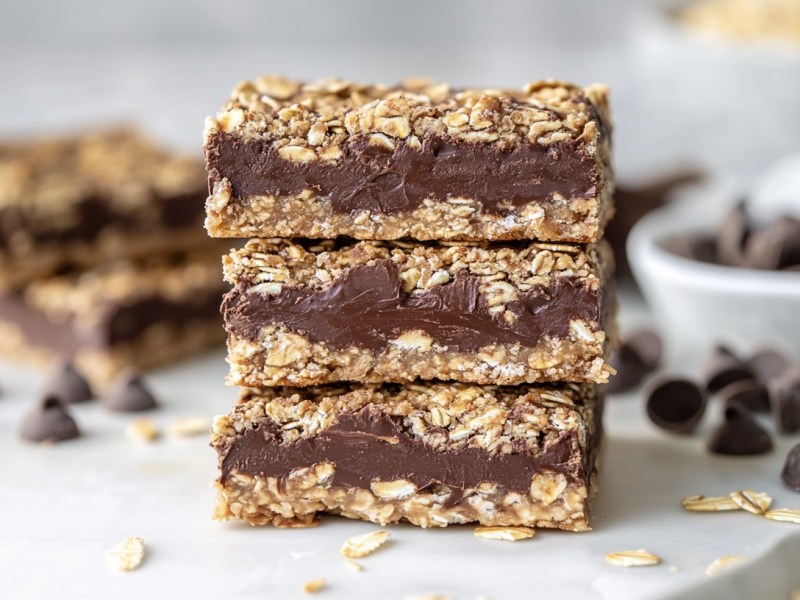 3 chocolate oatmeal bars stacked on top of each other, some ingredients like chocolate and oatmeal blurred out in the background.