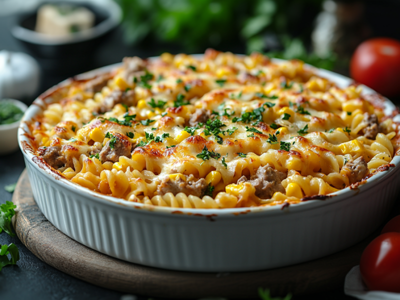A round baking dish with tuna noodle casserole with corn, garnished with some freshly chopped parsley or other chopped herbs. There are tomatoes and fresh herbs scattered around the casserole dish. The dish is placed on a wooden board. You can also vaguely see a clove of garlic, a bowl with a piece of hard cheese, and a bowl with chopped herbs.
