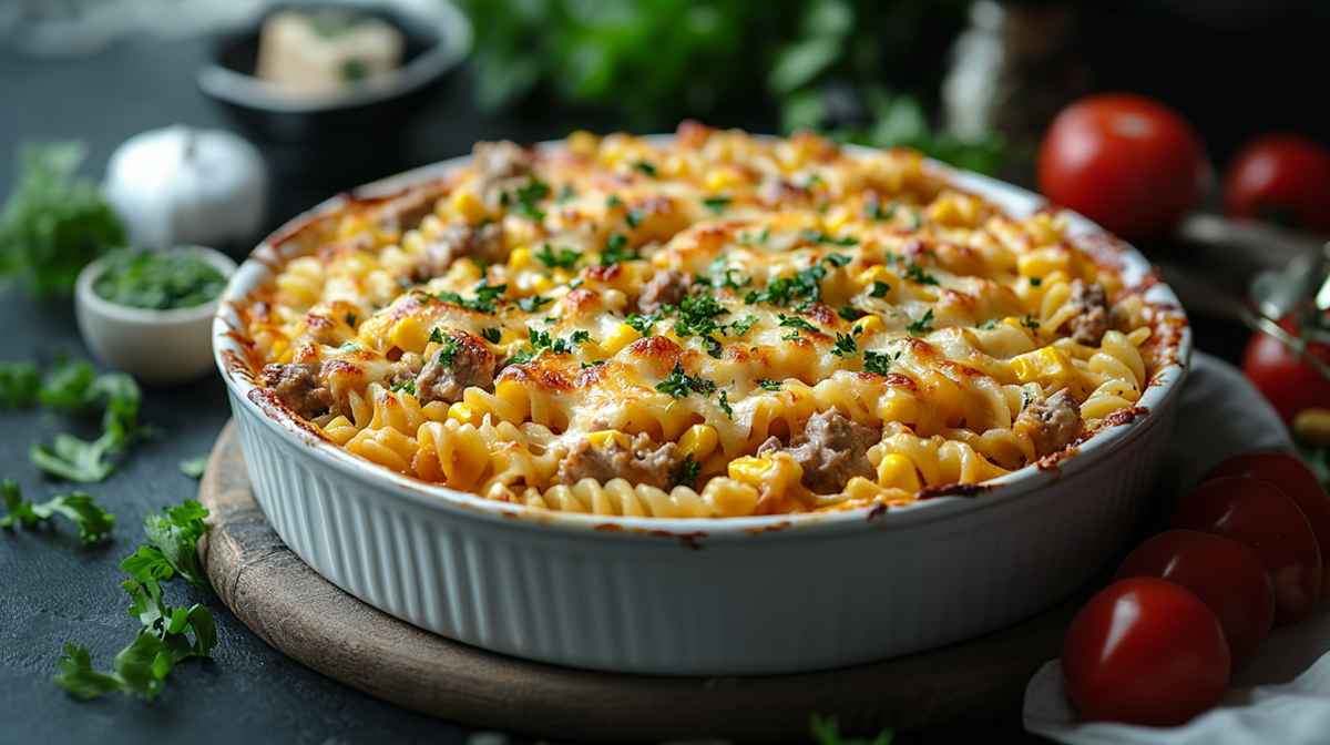 A round baking dish with tuna noodle casserole with corn, garnished with some freshly chopped parsley or other chopped herbs. There are tomatoes and fresh herbs scattered around the casserole dish. The dish is placed on a wooden board. You can also vaguely see a clove of garlic, a bowl with a piece of hard cheese, and a bowl with chopped herbs.
