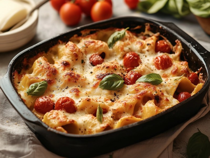 An overhead view of a Tortellini Caprese Casserole in a baking dish.