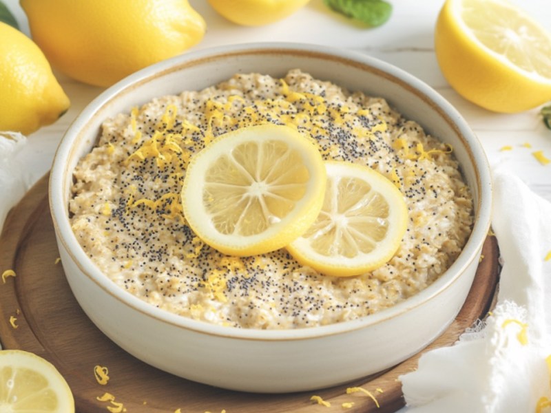 A baking dish with lemon baked oats.