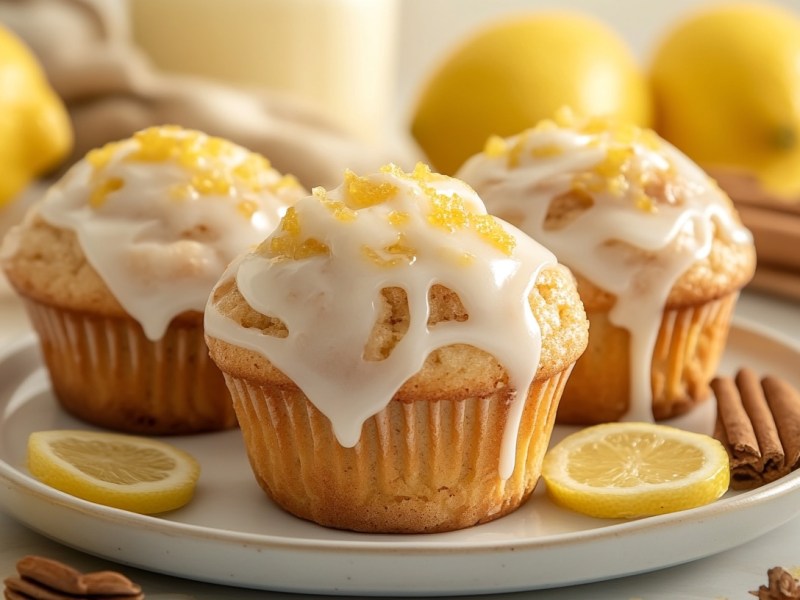 3 lemon cream cheese muffins with icing on a plate, surrounded by a few lemons and cinnamon sticks.