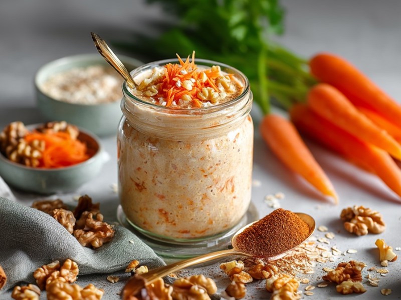 Glass with carrot cake overnight oats and ingredients next to it