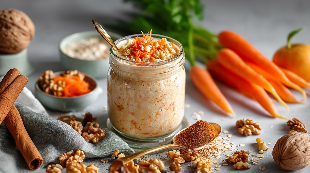 Glass with carrot cake overnight oats and ingredients next to it