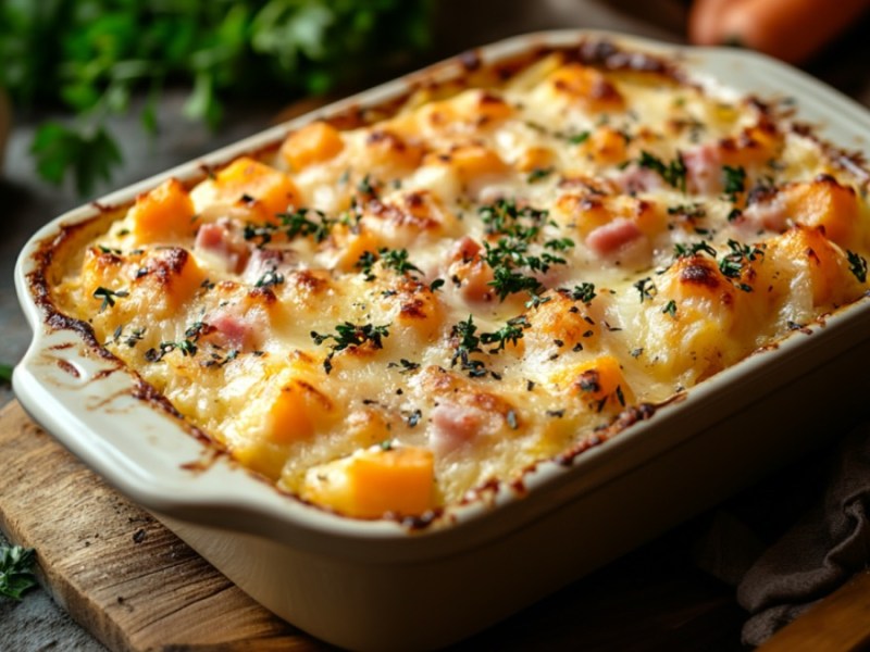 A carrot casserole with ham in a rectangular baking dish.