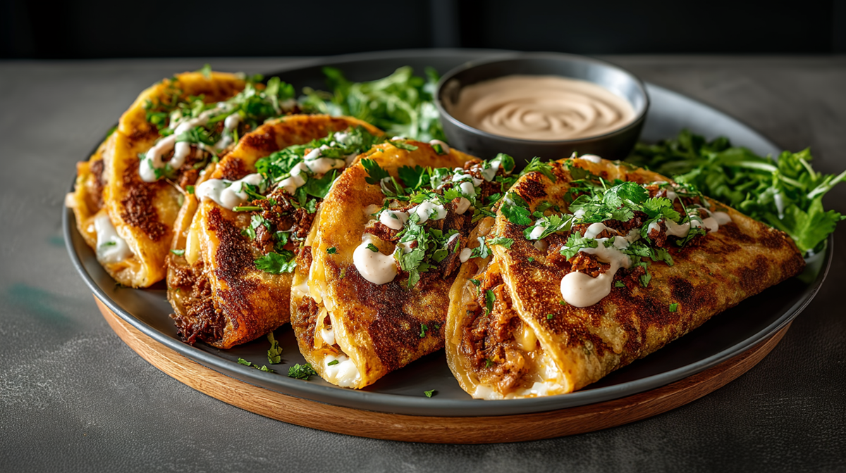 A tray with some crispy bean and cheese tacos, garnished with some chipotle mayo and fresh chopped cilantro. There is also a bowl on the tray with some more chipotle mayo.