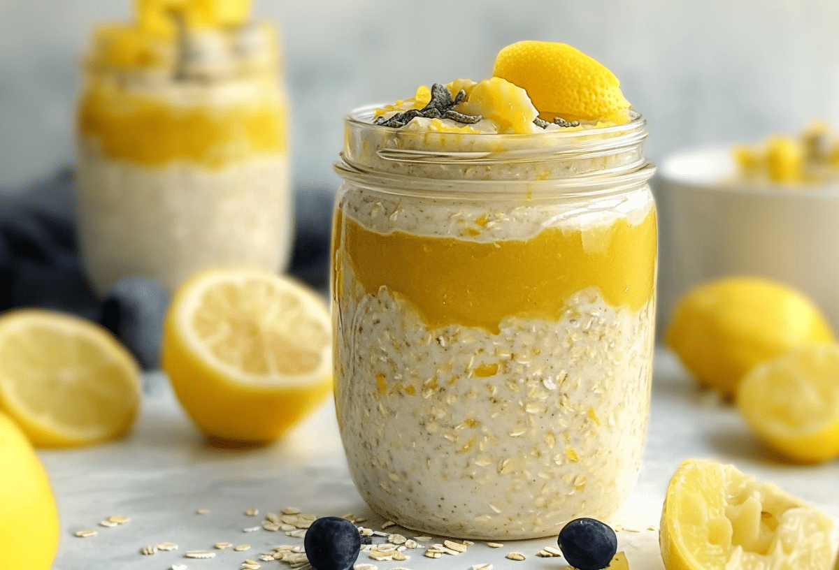 Lemon Curd Overnight Oats in mason jars. Lemons are scattered around.