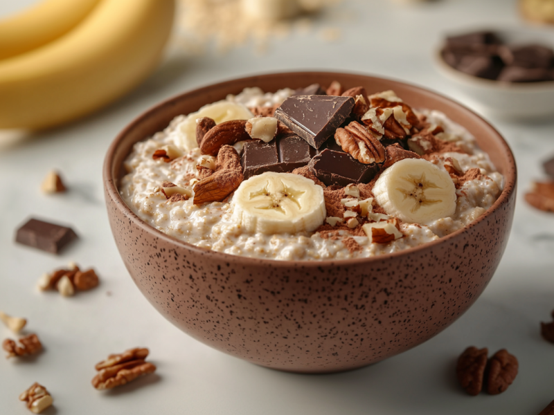 A bowl of microwave oatmeal stands on a white table. It is prepared with banana slices, nuts and broken chocolate. Nuts and pieces of chocolate are scattered around the bowl. In the background on the left are two bananas. In the background in the middle are more rolled oats, in the background on the right a bowl with dark chocolate.