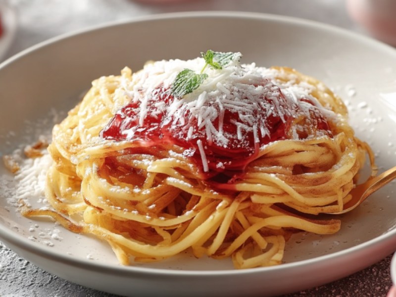 A plate of pancake spaghetti with strawberry jam and white chocolate.