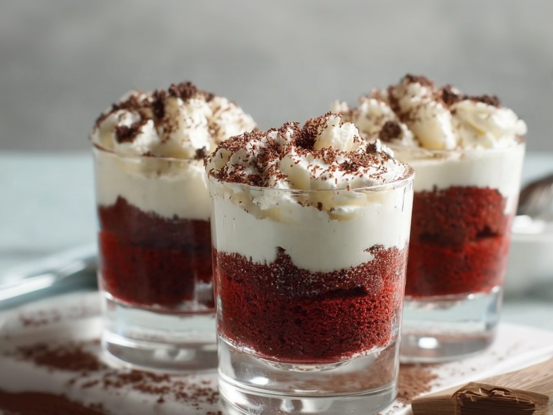 3 Red Velvet Cakes in a jar on a wooden board.