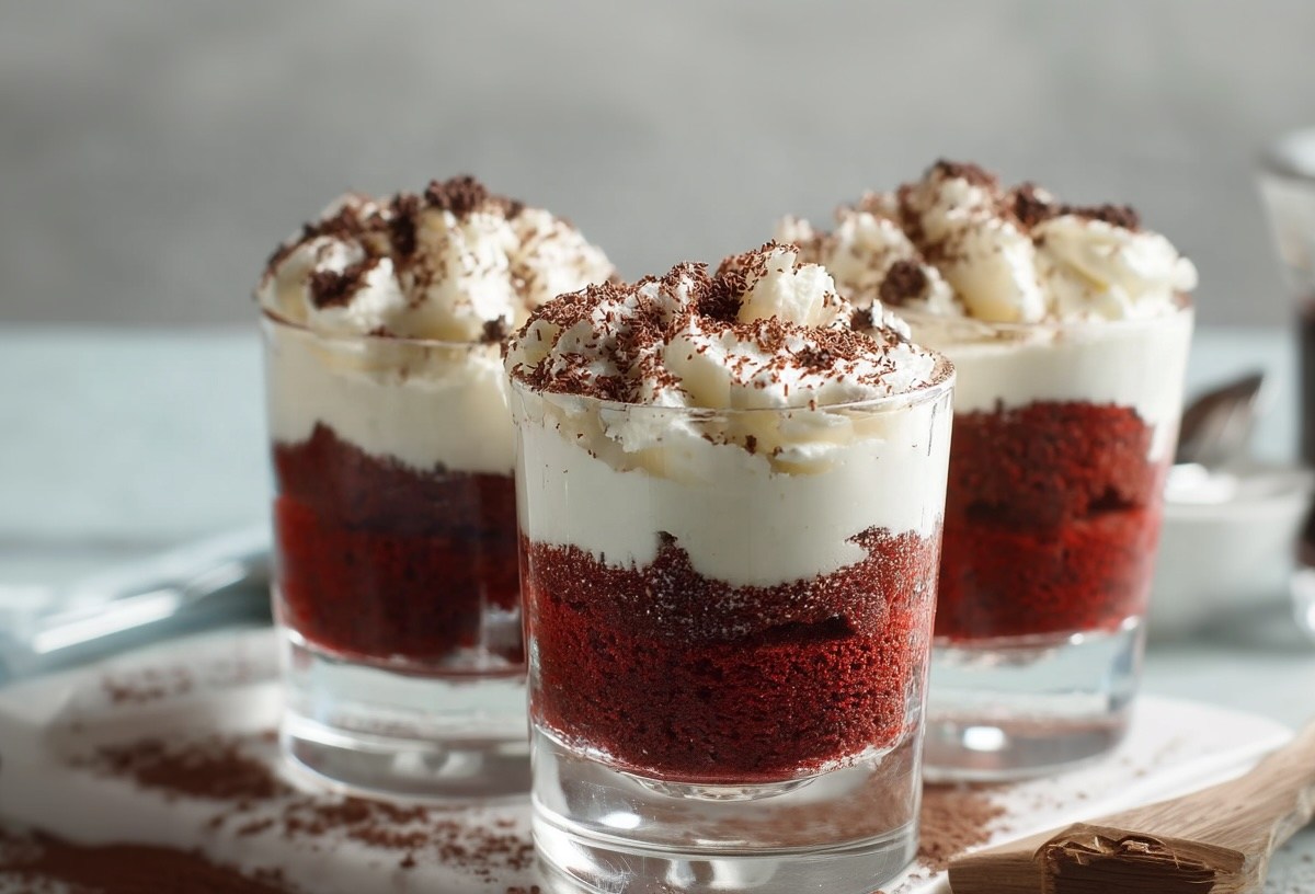 3 Red Velvet Cakes in a jar on a wooden board.