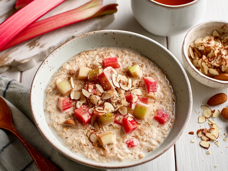 Rhubarb and apple porridge in a bowl, next to rhubarb stalks and chopped almonds.