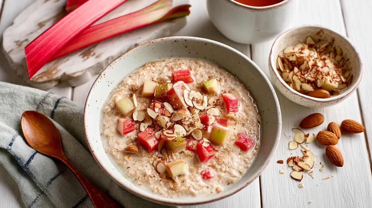 Rhubarb and apple porridge in a bowl, next to rhubarb stalks and chopped almonds.