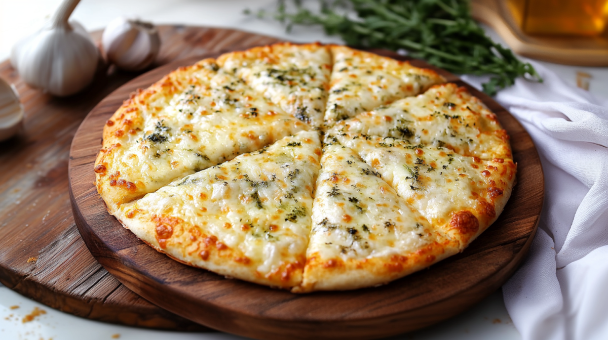 A tortilla garlic bread lies on a wooden board. In the background you can see some garlic bulbs, herbs and a bottle of oil.