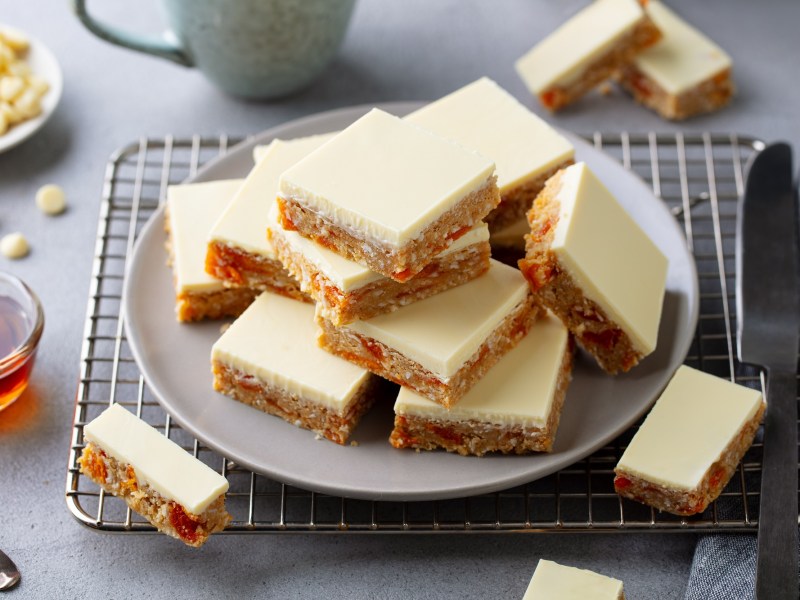 A stack of coconut-apricot bars.