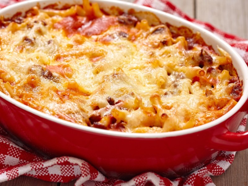 Oven-Baked Macaroni alla Mamma in a red baking dish.