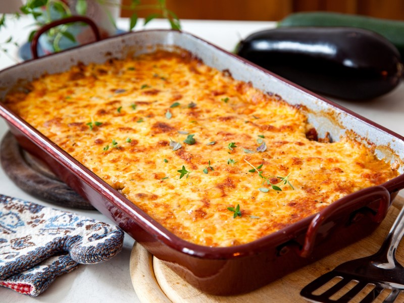 A casserole dish with Moussaka.