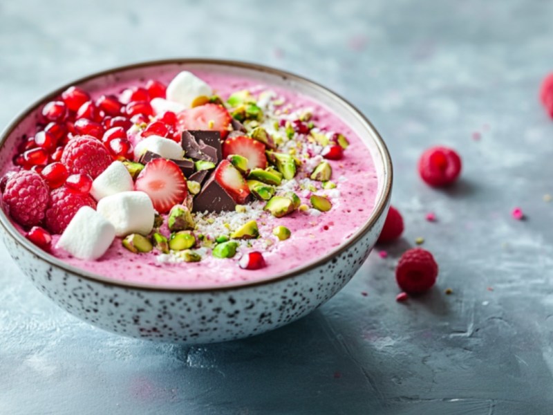 A bowl of pink oatmeal with toppings.