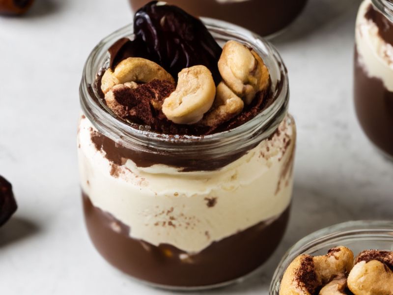 Tiramisu overnight oats, served in a glass.