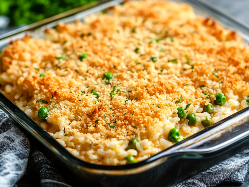 Chicken Alfredo Rice Casserole with peas and breadcrumbs in a square glass baking dish.