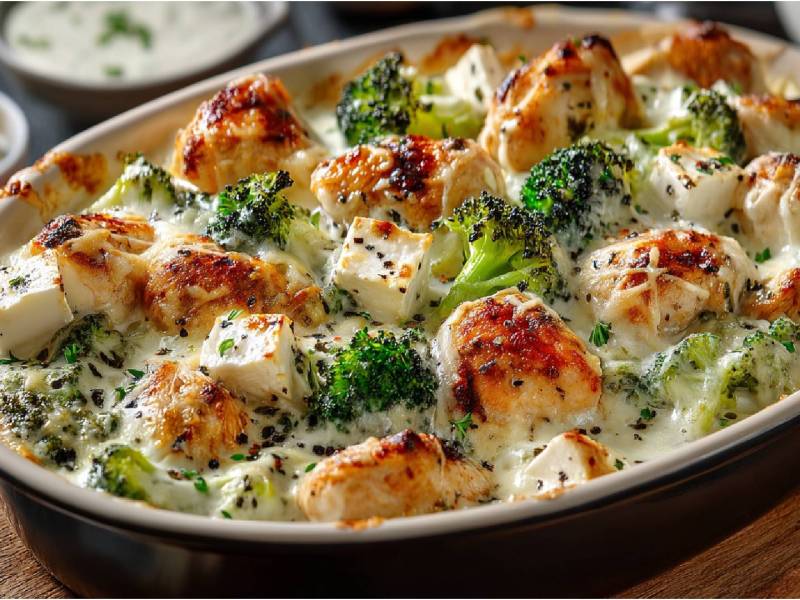 Baking dish with chicken and broccoli casserole with feta