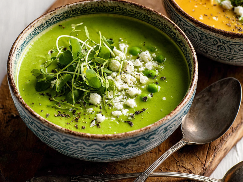 A bowl of chilled pea soup with feta.