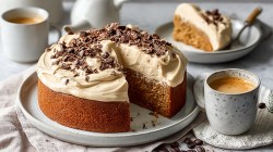 A plate with a round, sliced Espresso Yogurt Cake sprinkled with a bit of chopped dark chocolate. Next to it is a cup of coffee. In the background you can see a piece of cake on a plate and another coffee cup.