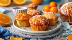 A plate of Fanta cupcakes with frosting and sprinkles. In the background are halved oranges.