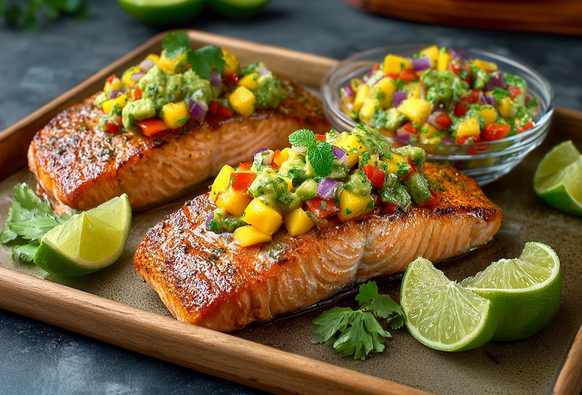 Two pieces of grilled salmon lie on a tray, each with a large dollop of mango salsa. Lime wedges and cilantro leaves as decoration next to it.