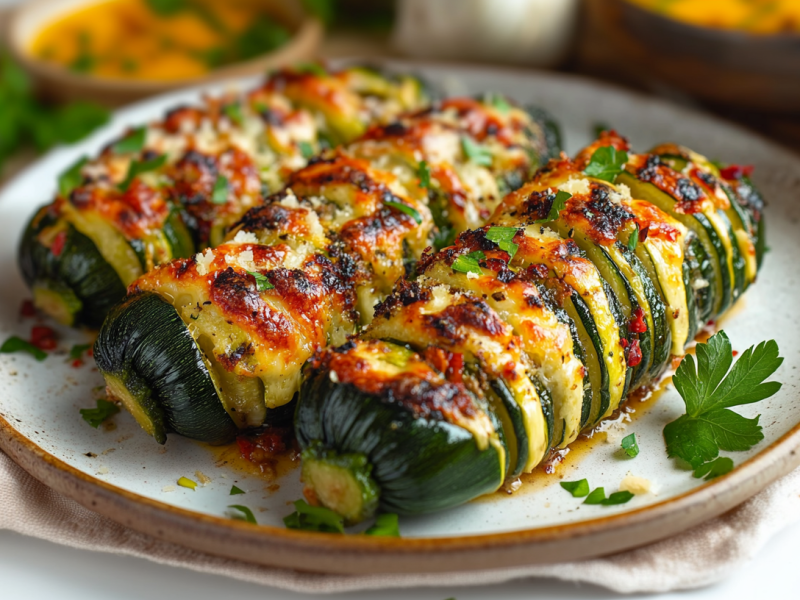 Three Hasselback zucchini are on a plate. They are topped with cheese and sprinkled with fresh herbs. The plate is on a beige cloth. Fresh herbs and bowls of sauces are visible in the background.
