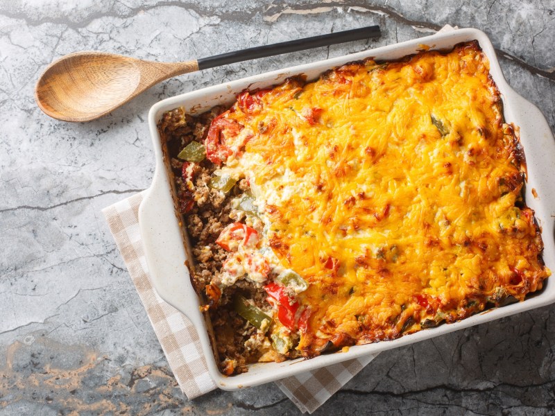 A John Wayne casserole on a stone table.