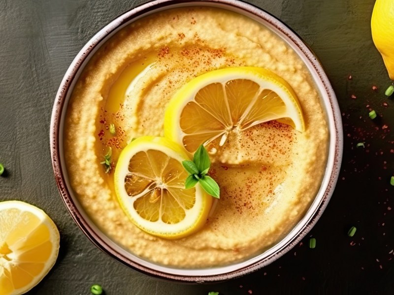 A bowl of lemon hummus with lemons next to it