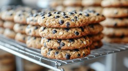 Oatmeal chocolate chip cookies cooling on a wire rack.