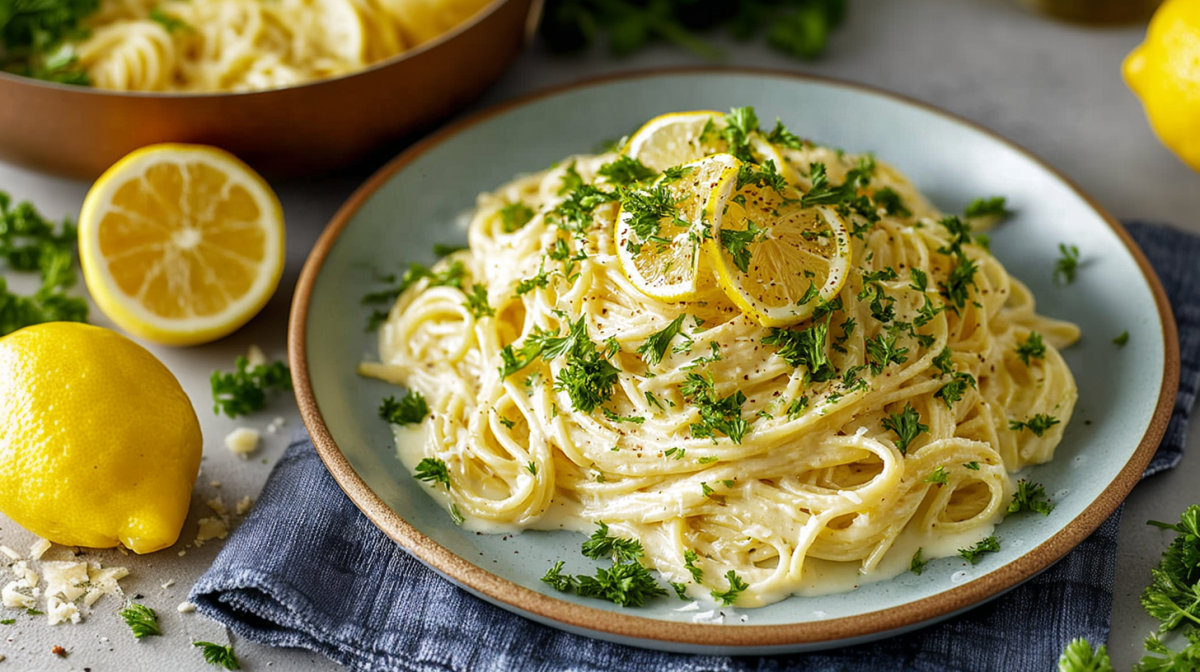 A plate of creamy One Pot Lemon Pasta, garnished with lemon slices and fresh parsley. Lemons lie next to the plate, a pot can be seen in the background.