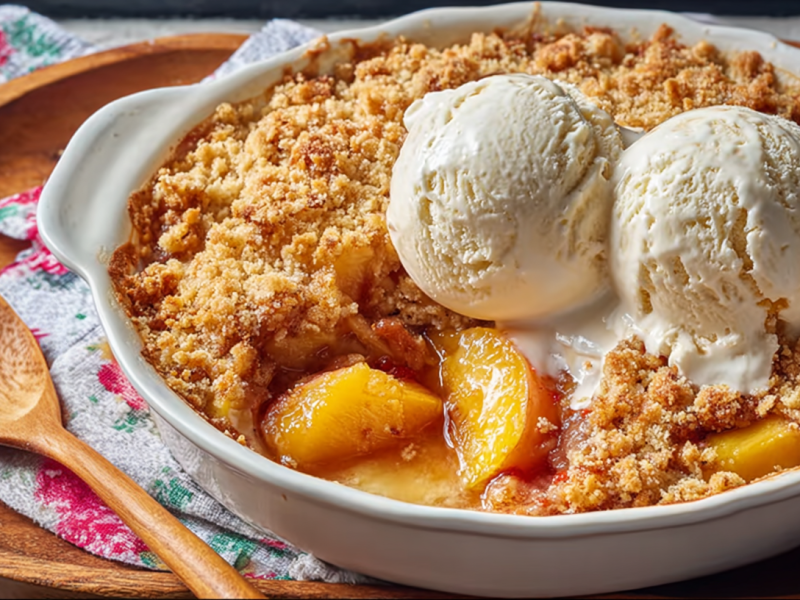 Peach crumble in an oval, white baking dish.