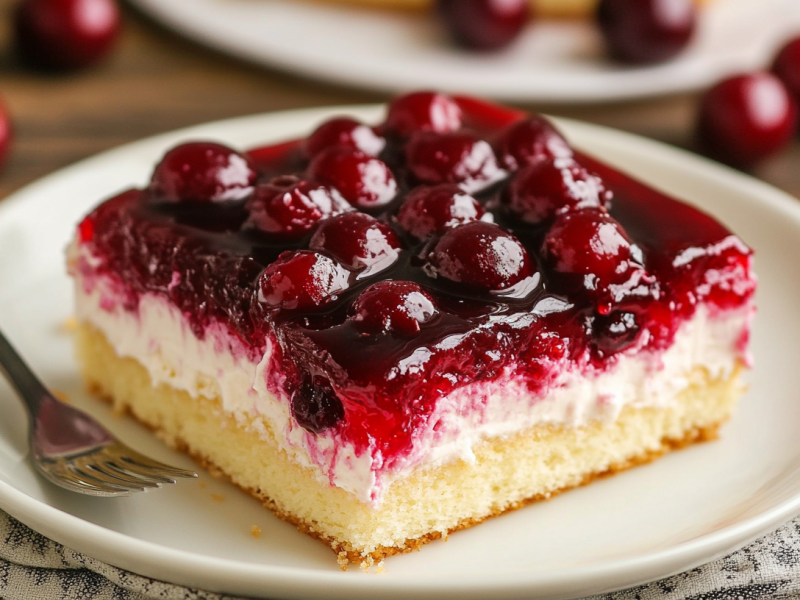A piece of Sheet Pan Sour Cream Cherry Cake.