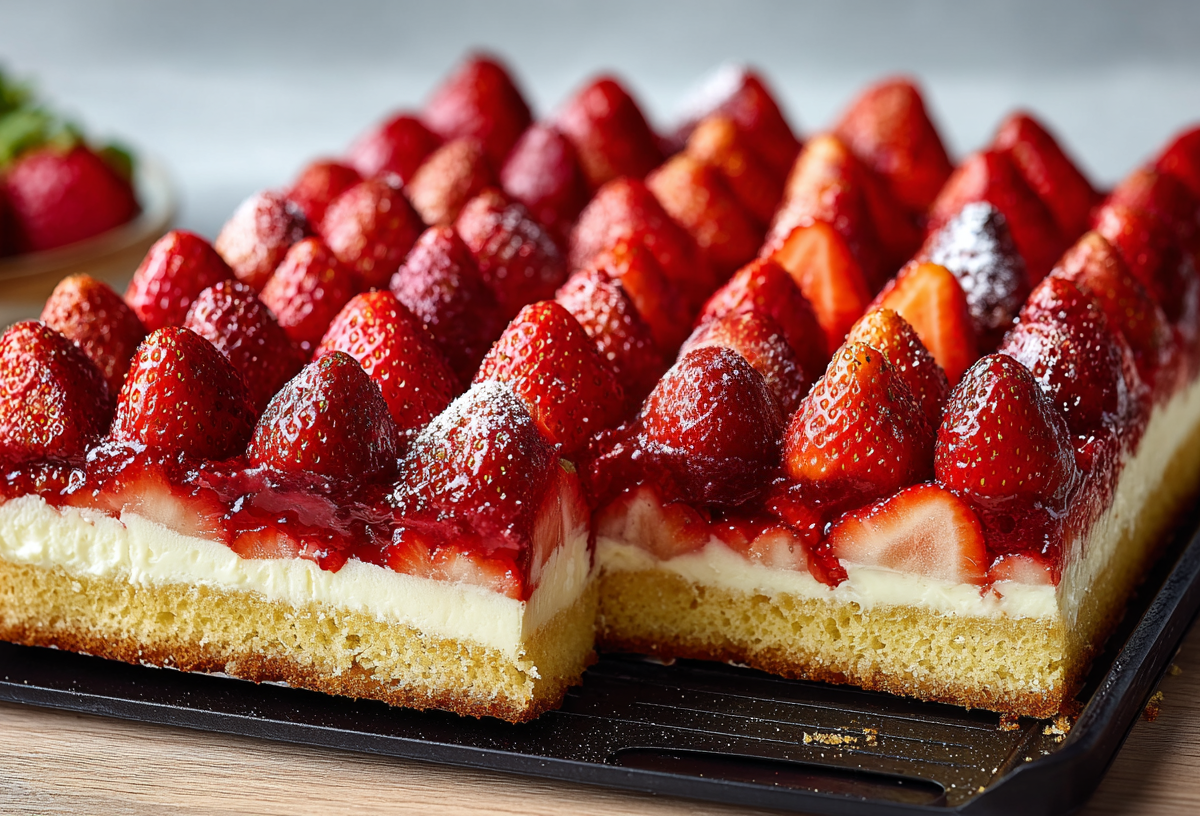 Sheet Pan Strawberry Cake with Vanilla Pudding.